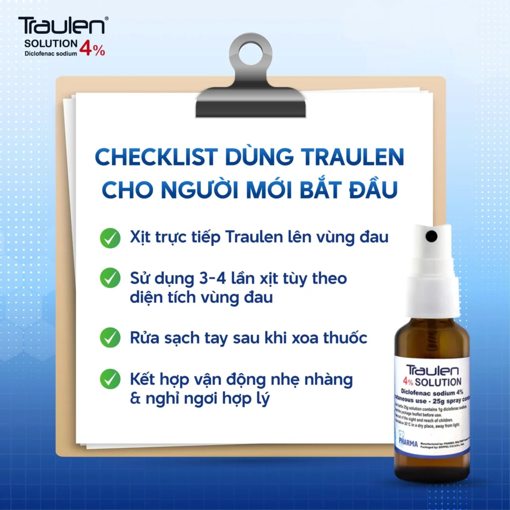 Nên xịt trực tiếp Traulen lên vùng đau để giúp hoạt chất tiếp cận nhanh vùng cơ – khớp đang viêm đau, không cần dùng qua đường uống