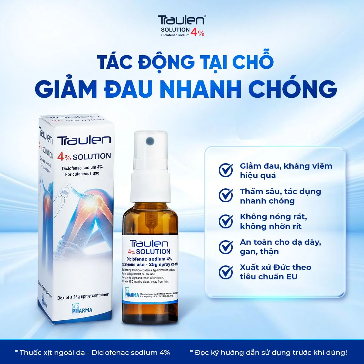 Thuốc xịt Traulen chứa Diclofenac có tác dụng điều trị giảm đau và chống viêm các bệnh lý cơ xương khớp như viêm khớp dạng thấp, viêm khớp, thoái hoá cột sống...